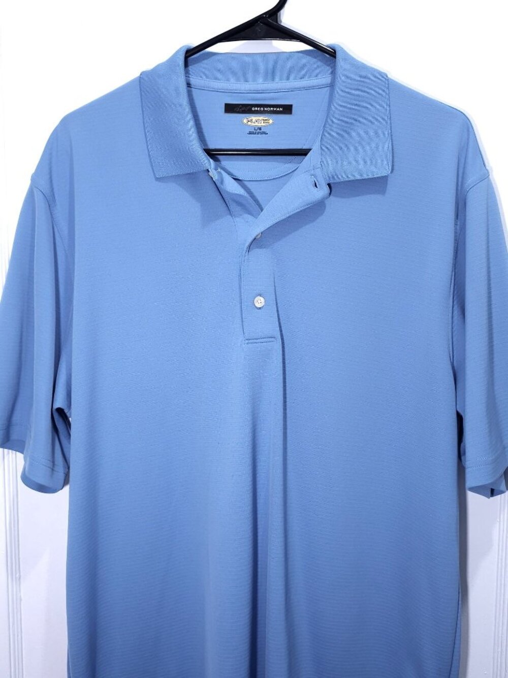 Greg Norman Light Blue Men's Polo Shirt L/G Moisture-Wicking Golf Performance